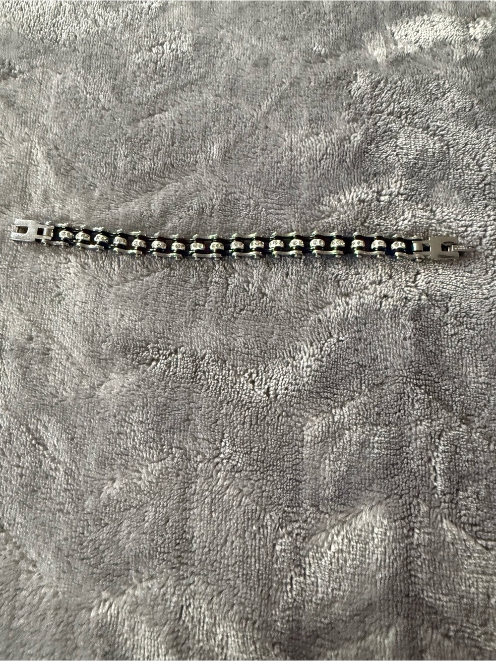 Crystal silver, black & white accented stainless steal bike chain link Bracelet